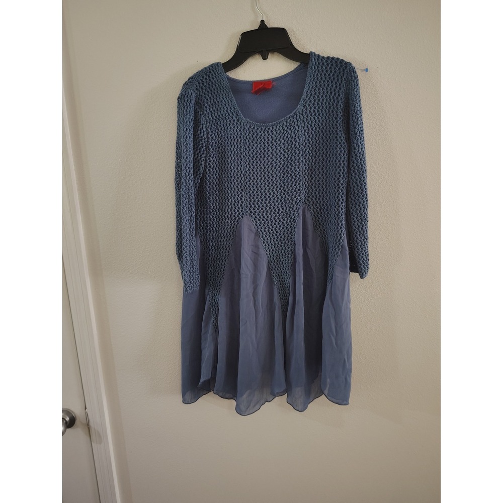 V Cristina Blue Mixed Media Open Knit Crochet Chiffon Sharkbite Tunic Sweater S